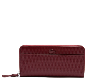 Portefeuille zippé cuir piqué mat Lacoste Chantaco NF3219CE C52 Lie de Vin