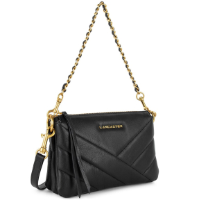 Pochette zippée S Lancaster Soft Matelassé 530-23-NOIR Noir vue de côté avec anse en chaîne levée