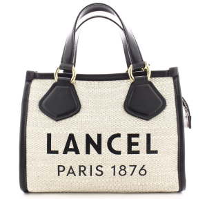 Sac cabas S en toile de jute et cuir lisse Cabas d'Eté Lancel A120068ATU de couleur noir vue de face