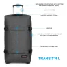 Sac de voyage à roulettes TSA Eastpak K0A5BA9-77H couleur noir denim, vue de face avec légende Sac de voyage à roulettes TSA Eastpak K0A5BA9-77H couleur noir denim, vue de face avec légende