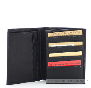 Portefeuille Arthur Aston en cuir référence 2028-423-A couleur noir ouvert sur portes cartes