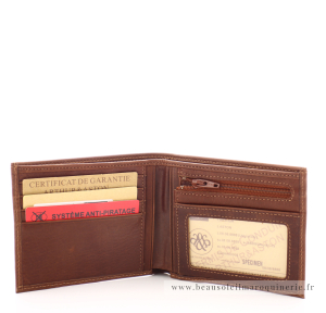 Portefeuille italien Arthur & Aston Pablo 1589-573B en cuir plongé cognac ouvert