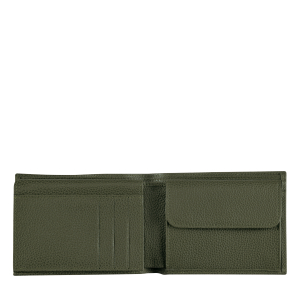Portefeuille Longchamp Le Foulonné en cuir L4249021 A23 Kaki, ouvert