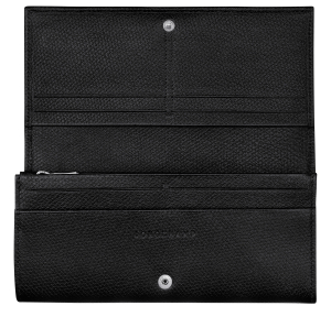 Portefeuille à rabat Longchamp effet grainé Le Roseau L3044HFP 001 couleur noir, ouvert
