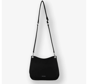 Gibecière porté croisé Les Ateliers Fourès à rabat compacte H300 NR couleur noir, vue de face avec bandoulière