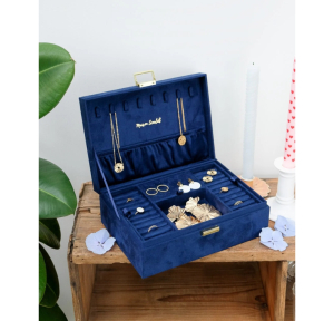 Boîte à bijoux Maison Scarlett velours Louise LOUIS2-V VBLM couleur bleu marine, ouvert