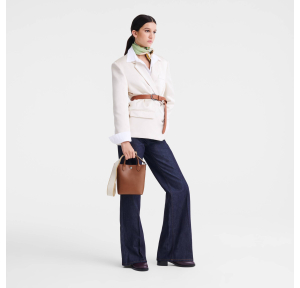 Mini sac cabas en cuir de veau Longchamp XS Epure 10269HFY 504 couleur cognac, porté mannequin