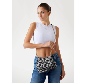 Petit sac bandoulière Guess en tweed Everlee HWTB867921 BML couleur Noir Multi, porté mannequin