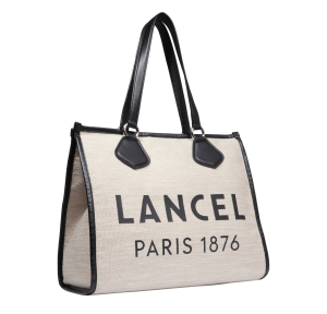 Grand sac cabas zippé L Lancel Summer Tote en jute A13310 8A couleur Naturel/noir, vue de profil