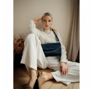 Sac épaule à rabat Mia & Joy Francesca franges MJ2503 Bleu Pétrole porté