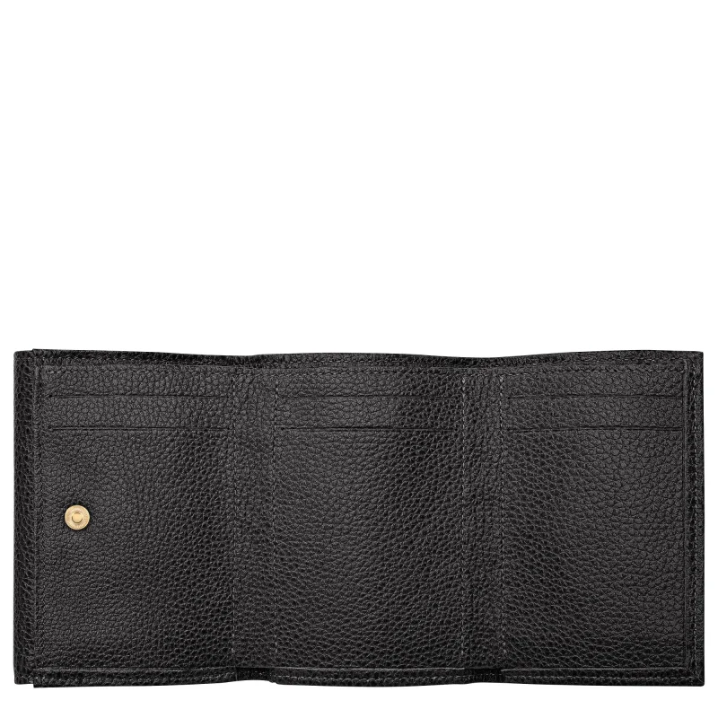 Portefeuille compact Longchamp effet grainé Le Foulonné 30058021 001, couleur Noir, ouvert Portefeuille compact Longchamp effet grainé Le Foulonné 30058021 001, couleur Noir, ouvert