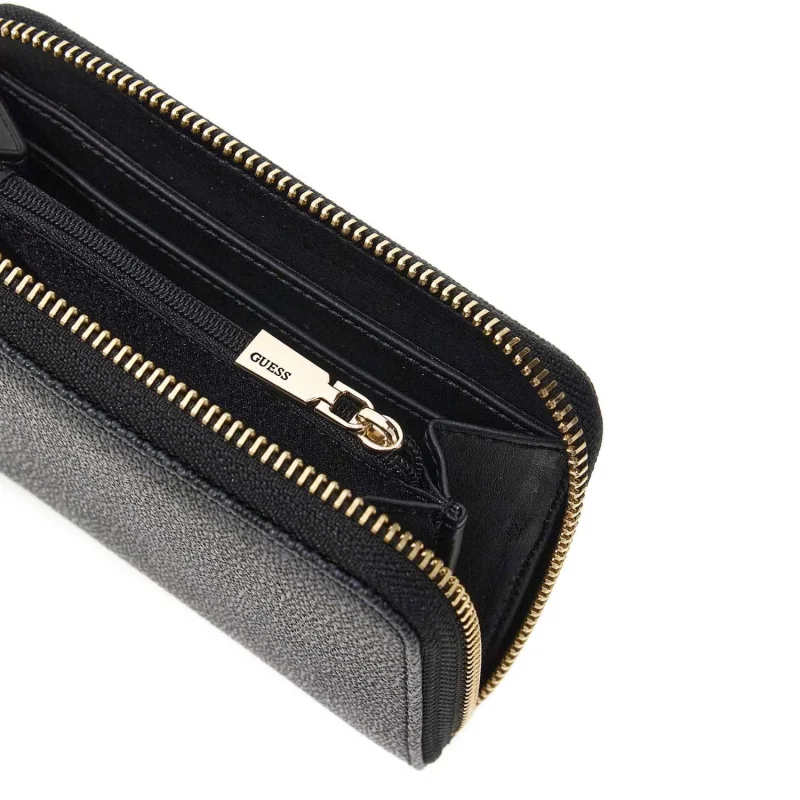 Portefeuille Guess imprimé logo zippé Janie SWOS992414 CLO, couleur Logo Coal (gris foncé / noir), ouvert Portefeuille Guess imprimé logo zippé Janie SWOS992414 CLO, couleur Logo Coal (gris foncé / noir), ouvert
