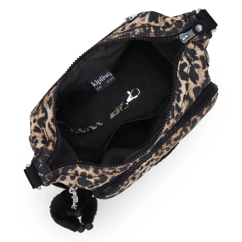 Grand sac bandoulière Kipling avec porte-clés Gabb S KPKI66076JP1, couleur Léopard sauvage, ouvert Grand sac bandoulière Kipling avec porte-clés Gabb S KPKI66076JP1, couleur Léopard sauvage, ouvert