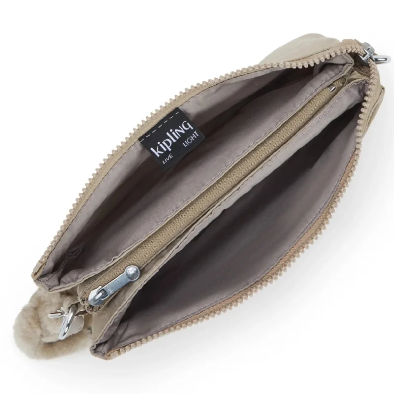 Petit Sac Bandoulière Kipling avec porte clé Riri KPKI75904PW1, couleur Soft Taupe, ouvert Petit Sac Bandoulière Kipling avec porte clé Riri KPKI75904PW1, couleur Soft Taupe, ouvert