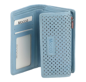 Portefeuille Olivia cuir perforé Bleu ciel Mocca Vue intérieure