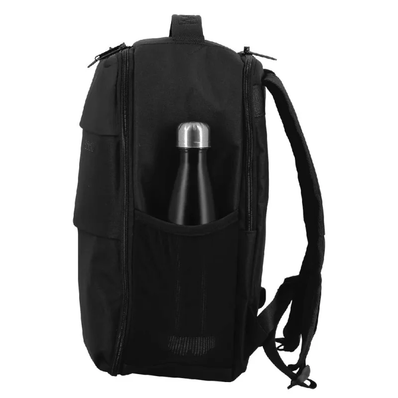 Sac à dos de voyage Jump Dunaa DU12 NR, couleur Noir, vue de côté gauche avec gourde Sac à dos de voyage Jump Dunaa DU12 NR, couleur Noir, vue de côté gauche avec gourde