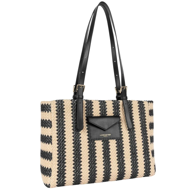 Sac cabas épaule Mini Osier Noir Rayures Lancaster Vue de profil Sac cabas épaule Mini Osier Noir Rayures Lancaster Vue de profil