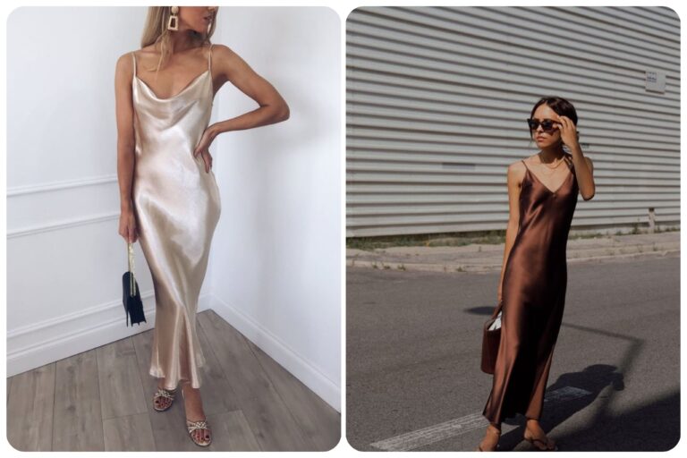 Deux femmes vêtues d'une robe satin beige et marron