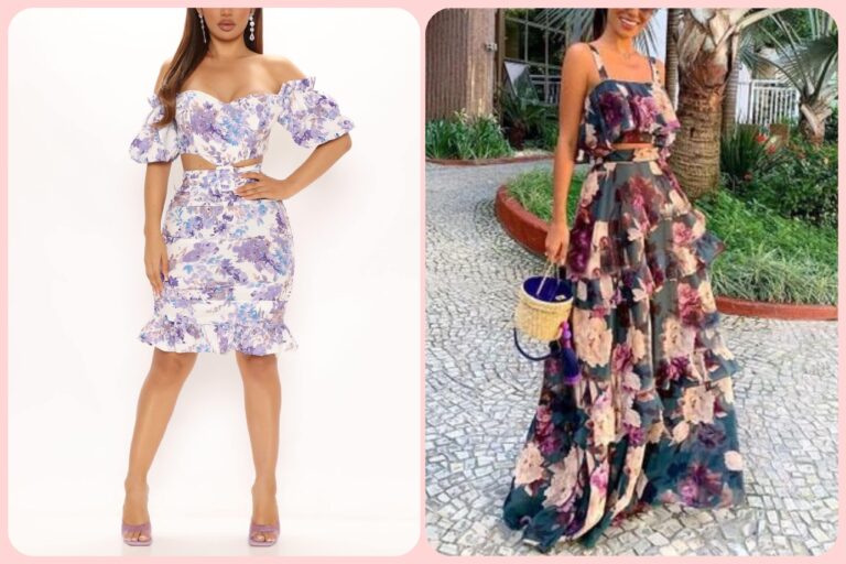 Deux femmes en ensemble haut et jupe fleuris