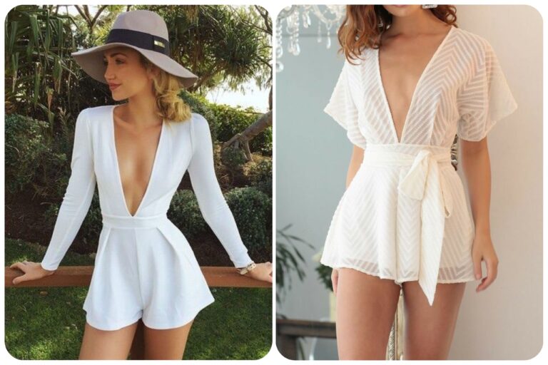 Deux femmes vêtues de combishorts blanches échancrées en V