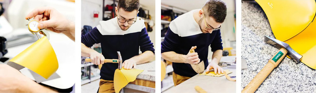 Travail du cuir lors de la fabrication d'un sac Lancel à Florence en Italie