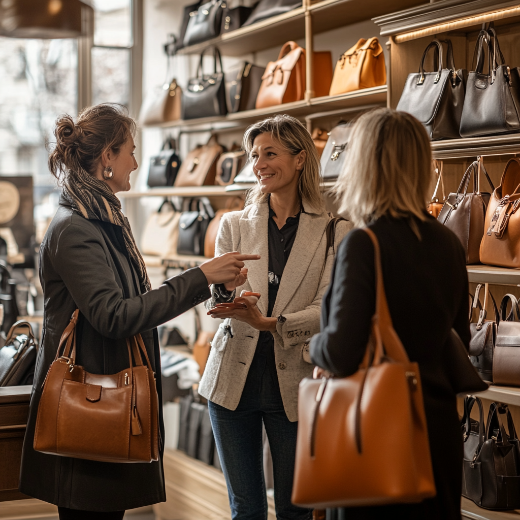 Vendeuse en train de conseiller en boutique choix sac a main